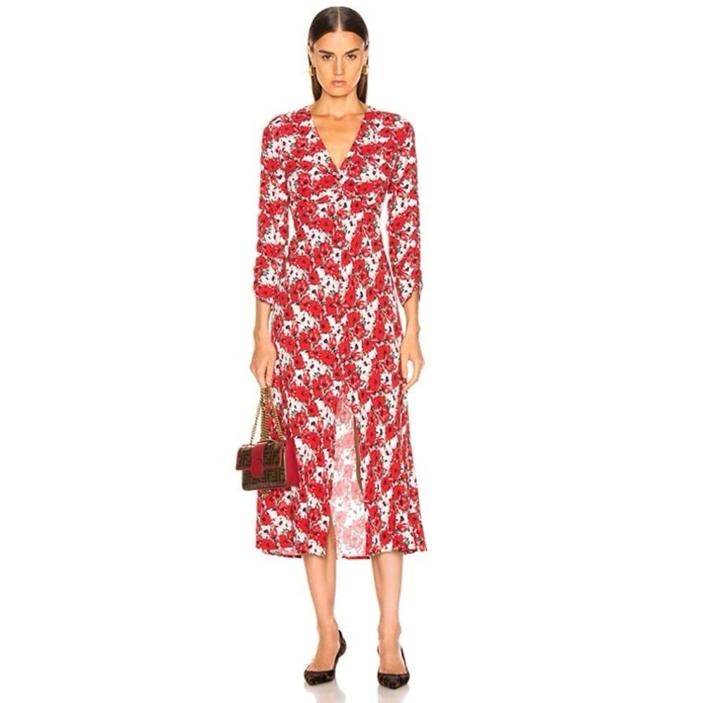 RIXO Katie Dress Diana Color Floral Red White Black Midi Button Front L Side Zip